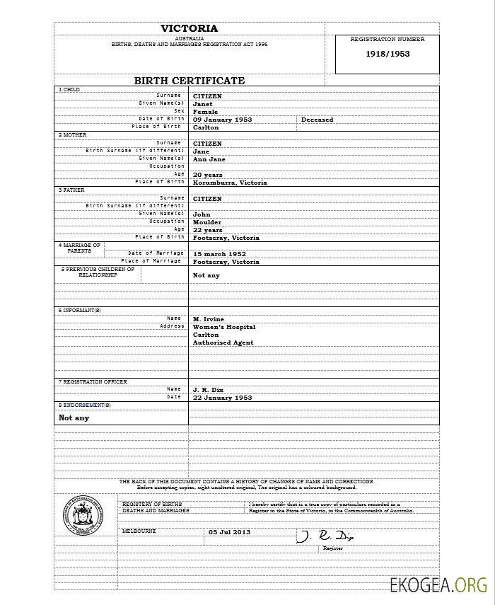 Modèle d'acte de naissance Australie Victoria au format Word, version 1